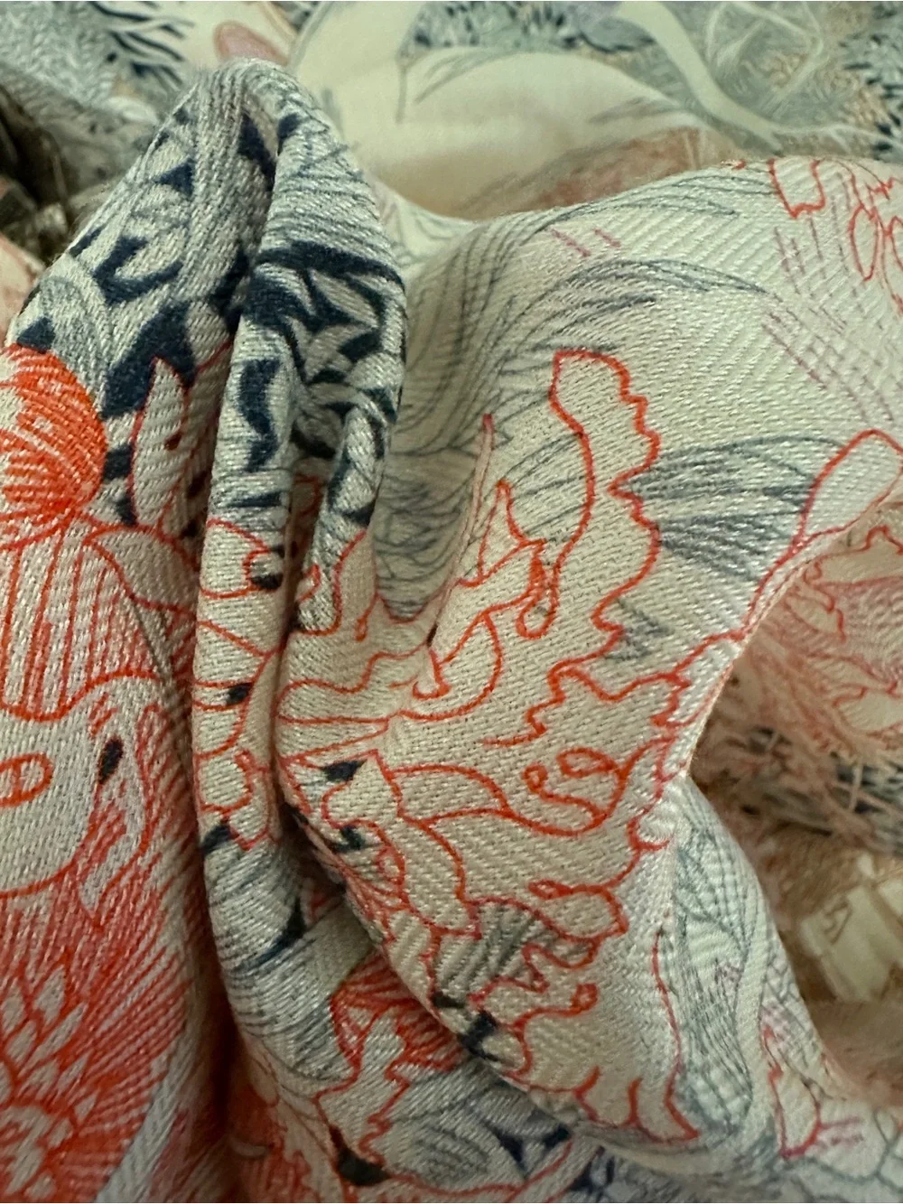 Hermes Floral Cashmere Silk Scarf in Orange, Pink, Navy, Brown - Picture 4 of 6